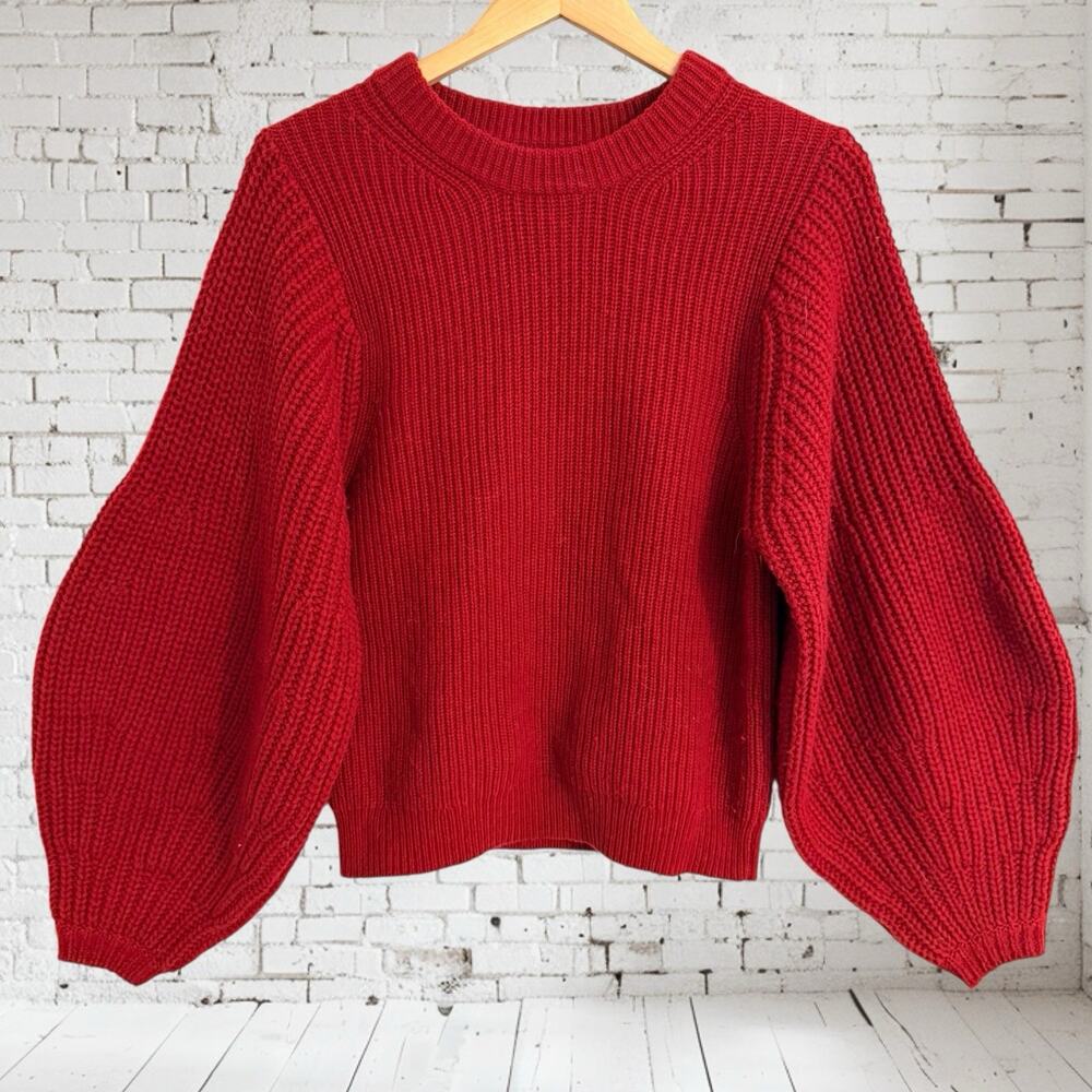 Staud Aura Sweater Balloon Sleeves Womens‎ M Wool Blend Deep Red Chunky Rib Knit